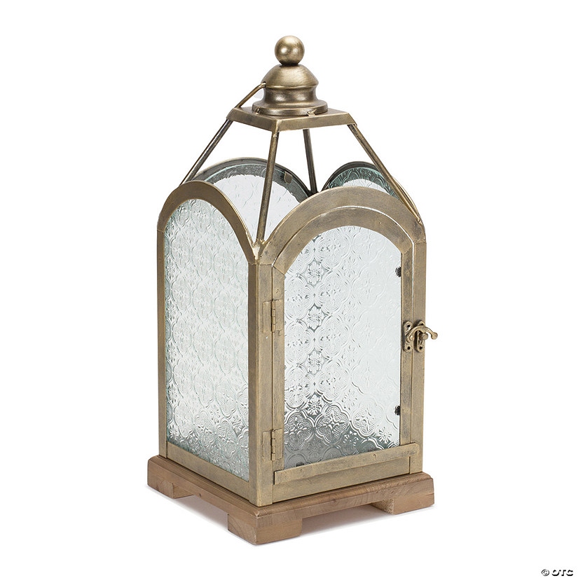 Pewter Metal Lantern With Ornate Glass 16"H Iron/Wood/Glass Image