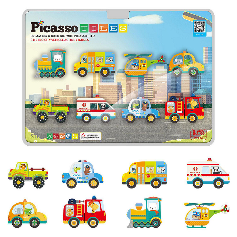 PicassoTiles 8pc Magnet Building Blocks Metro City 8 Vehicle Magnetized Action Figures - PTA24 Image