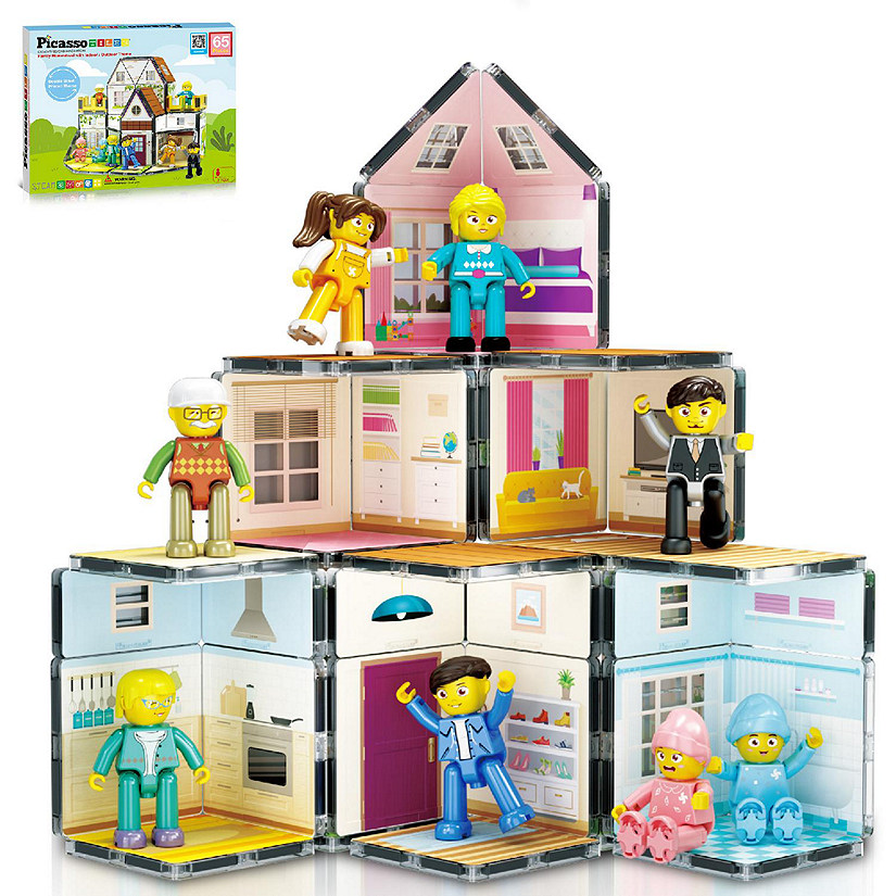 PicassoTiles Family Homestead Doll House Double Sided Magnet Tiles Playset with 8 Character Action Figures PTQ06 Image