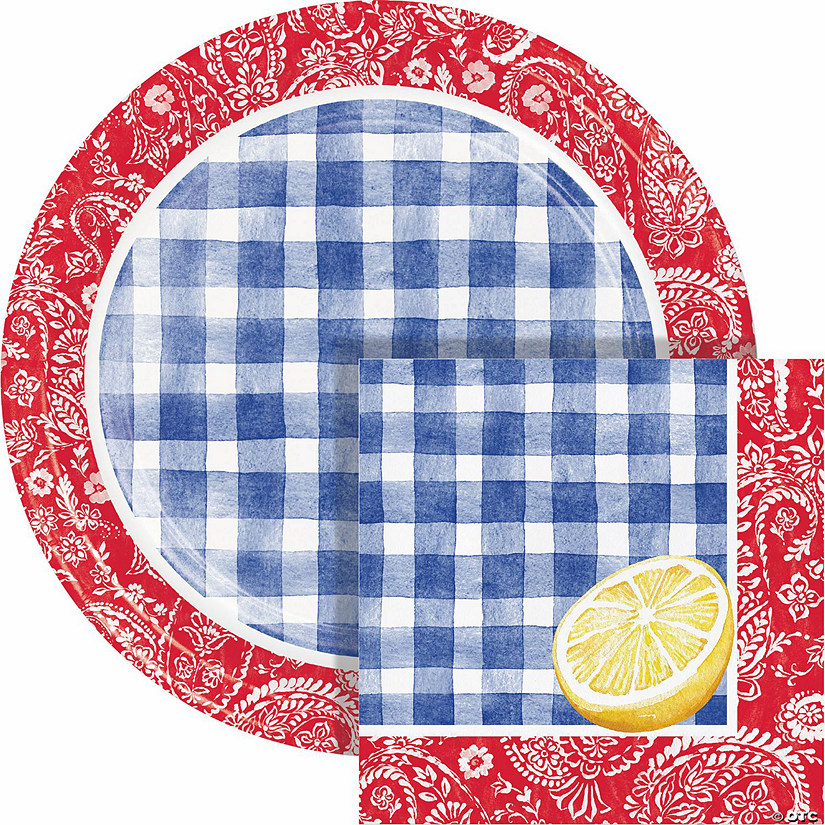 Picnic Paisley and Plaid Plate and Napkin Dinnerware Set, Serves 16 Image