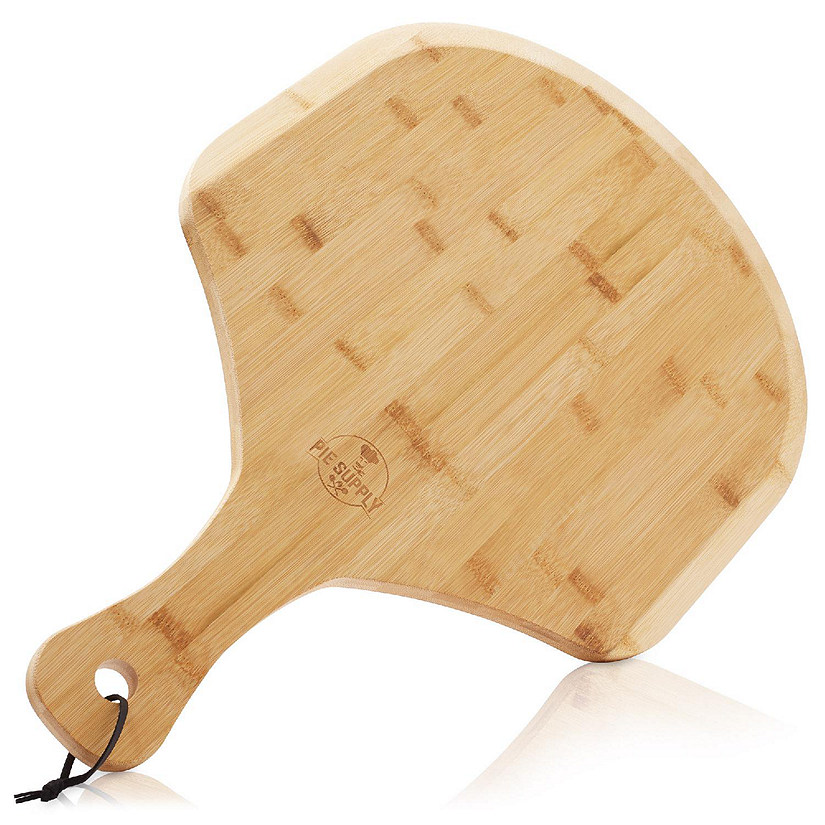 Pie Supply 15" Bamboo Pizza Peel, Baking & Serving Wooden Paddle Cutting Board with Handle Image