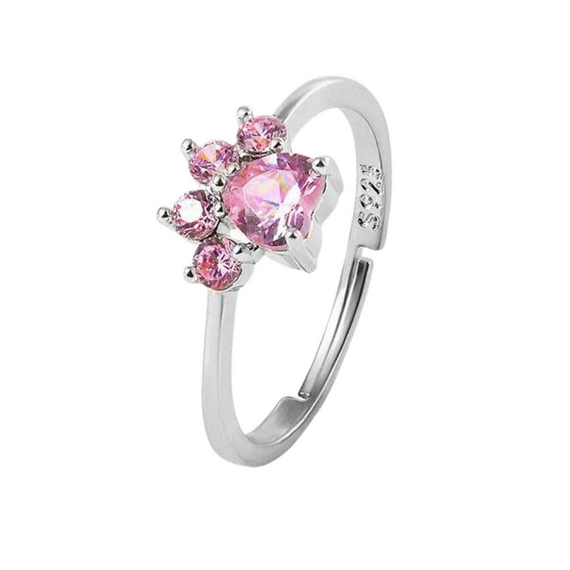 Pink Paw Print Adjustable Ring - Silver Image