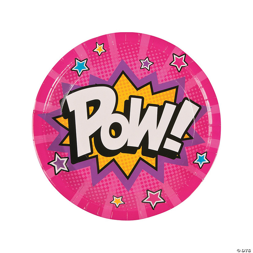 Pink Superhero Pow Paper Dinner Plates - 8 Ct. Image