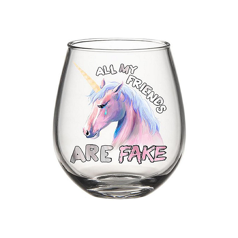 Pink Unicorn "All My Friends Are Fake" Stemless Wine Glass  Holds 20 Ounces Image