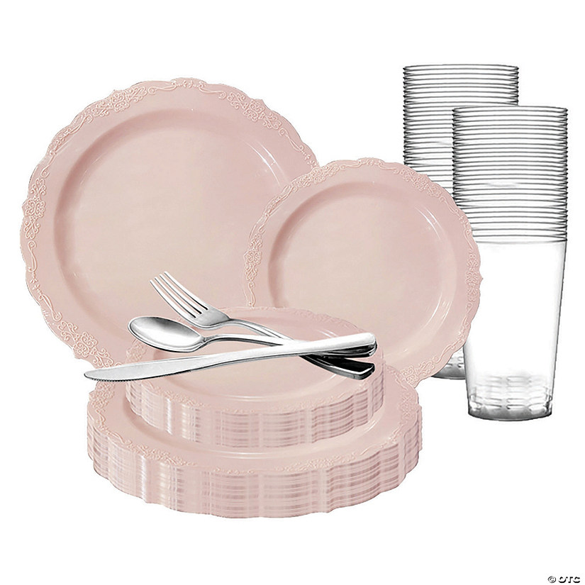 Pink Vintage Round Disposable Plastic Dinnerware Value Set (60 Settings) Image