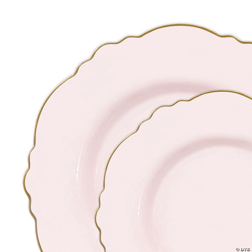 Pink with Gold Rim Round Blossom Disposable Plastic Dinnerware Value Set (120 Dinner Plates + 120 Salad Plates) Image