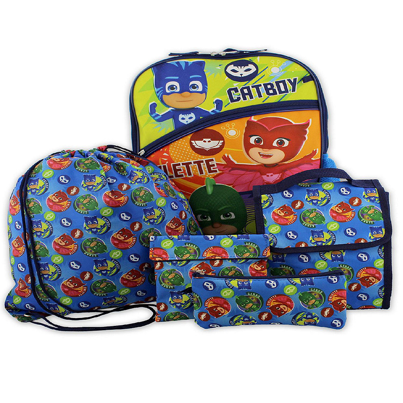 PJ Masks Boys Girls 5 piece 16 Inch Backpack Lunch Bag and Snack Bag School Set (One Size, Blue/Multi) Image