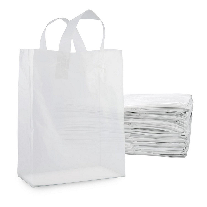 Plastic Bags with Handles 10x5x13 Inch 100 Pack Medium Frosted White Gift Bags with Cardboard Bottom Image