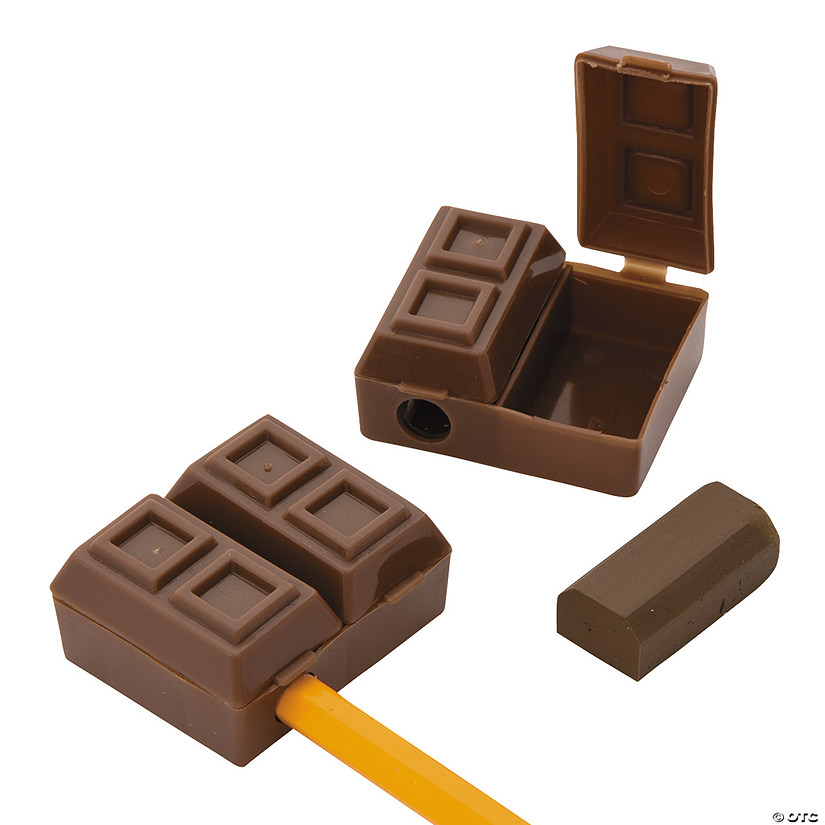 Plastic Chocolate Bar Pencil Top Sharpeners with Eraser - 12 Pc. Image