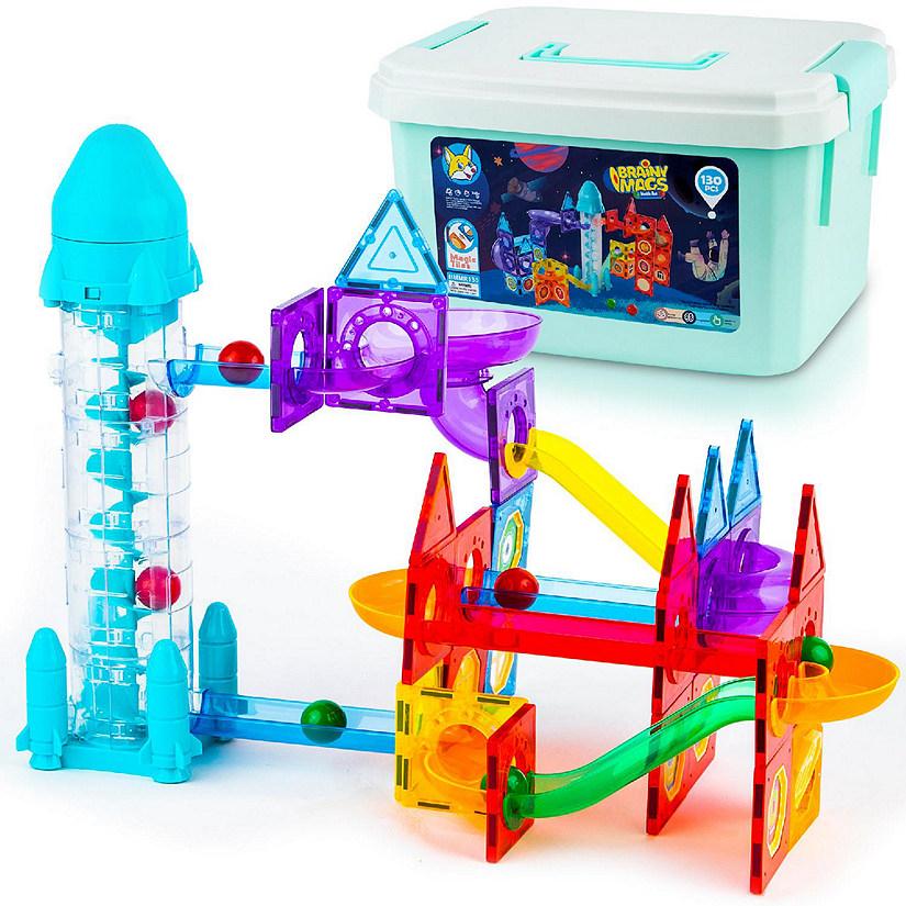 Play Brainy 130 Pc Space Themed Magnetic Marble Run for Kids Ages 3 & Up - Magnetic Tiles with Rocket Elevator,  Boys & Girls - STEM Educational Toy Image