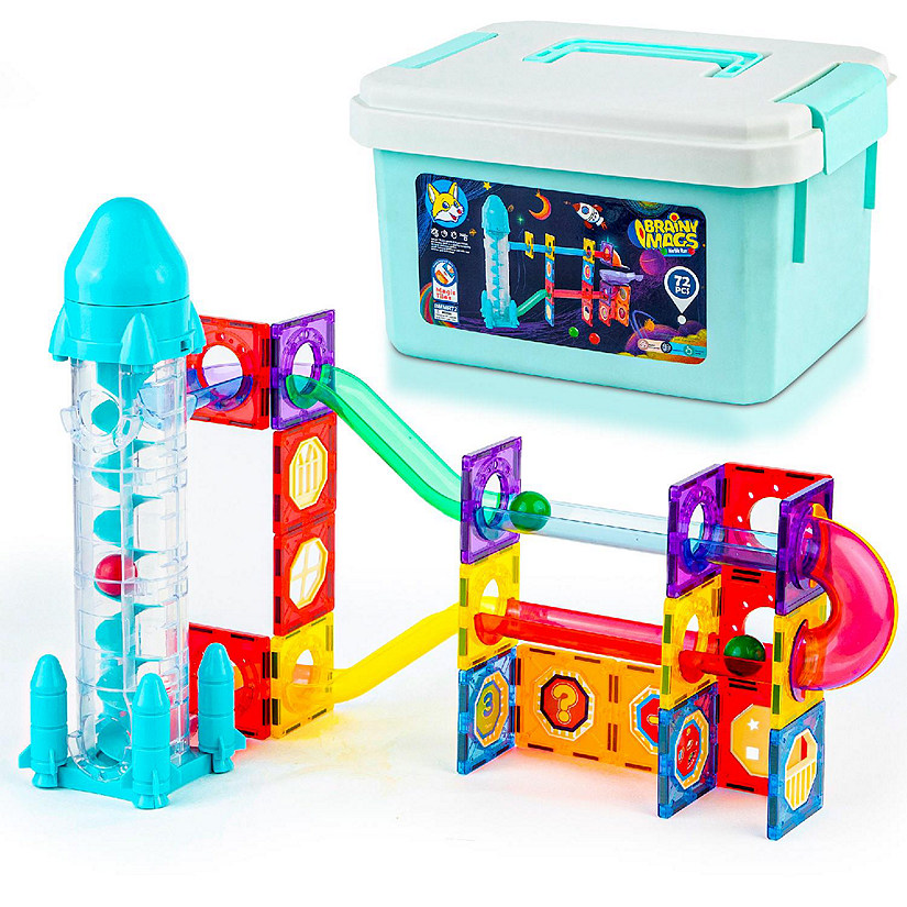 Play Brainy Magnetic 72 Piece Space Themed Marble Run for Kids Ages 3 & Up, Stem Toy Magnetic Tiles with Rocket Elevator, Stickers and Carrying Case Image