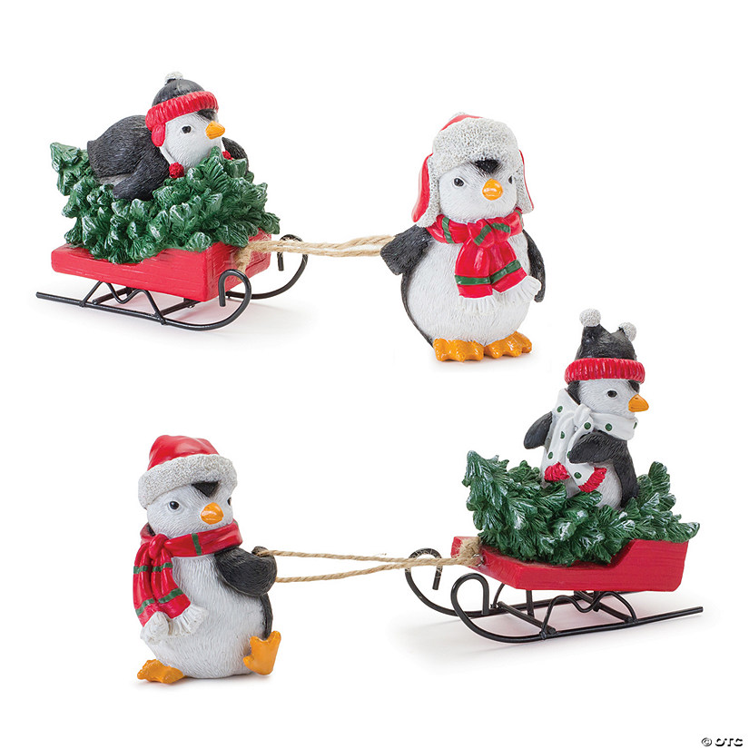Playful Penguins With Sled Figure (Set Of 2) 8.75"L X 4"H, 8.75"L X 4.75"H Resin Image