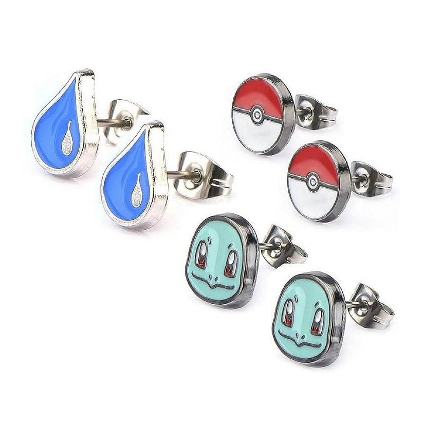 Pokemon Squirtle, Water Drop, & Pokeball Stud Earrings, Set of 3 Image