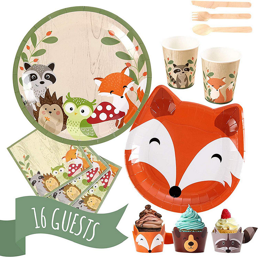 Pop Fizz Designs Woodland Creatures Party Pack - Plates, Napkins, Cups, Silverware, and Cupcake Wrappers Image