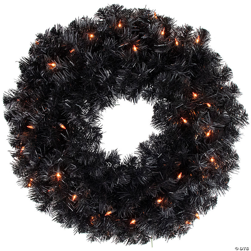 Pre-Lit Black Noble Spruce Artificial Halloween Wreath  24-Inch  Orange Lights Image