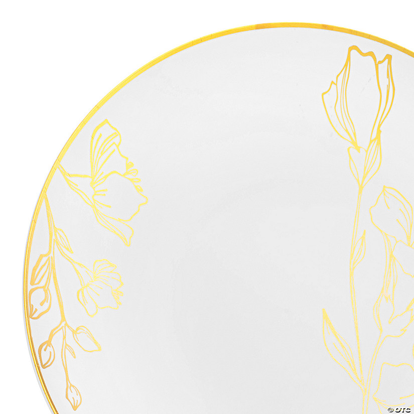 Premium 10.25" White with Gold Antique Floral Round Disposable Plastic Dinner Plates (120 Plates) Image