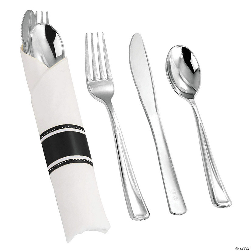Premium Silver Plastic Cutlery in White Napkin Rolls Set - Napkins, Forks, Knives, Spoons and Paper Rings (100 Sets) Image