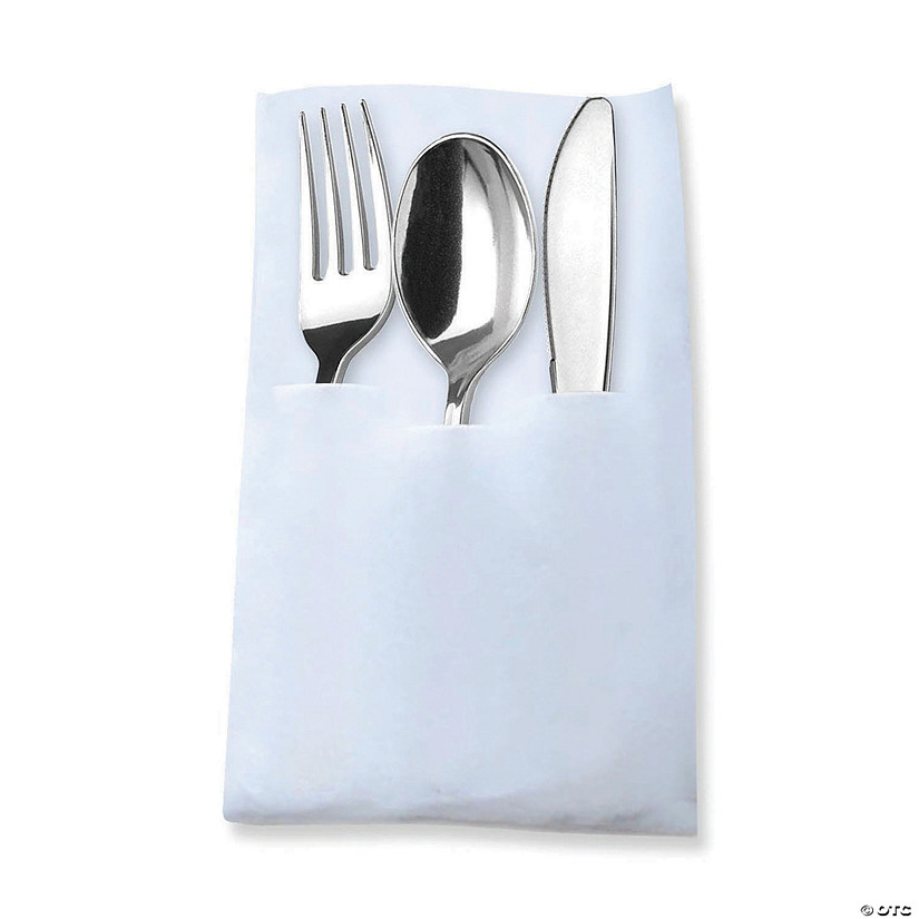 Premium Silver Plastic Cutlery in White Pocket Napkin Set - Napkins, Forks, Knives, and Spoons (70 Sets) Image