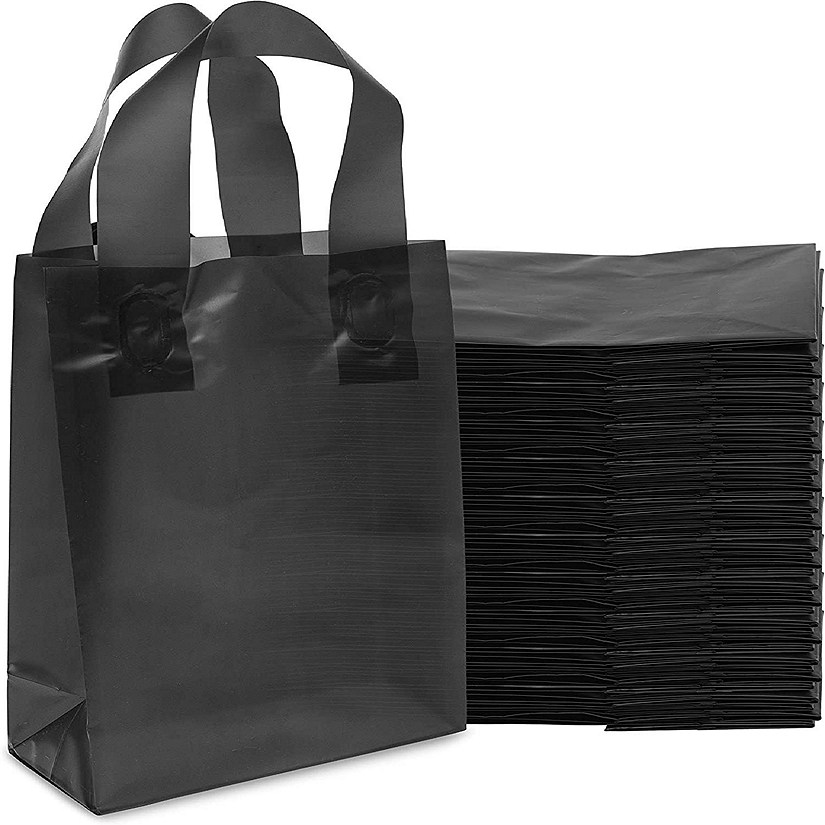 Prime Line Packaging Black Gift Bags, Plastic Bags with Handles Frosted Black 6x3x9 50 Pack Image