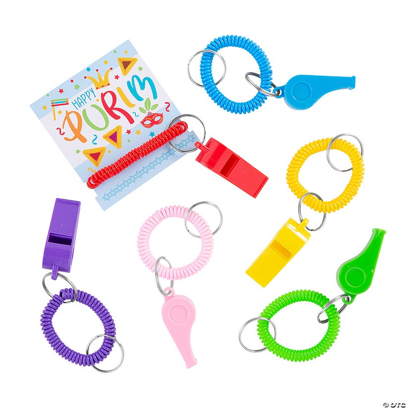 Purim Whistle Expandable Keychains with Card - 12 Pc. Image
