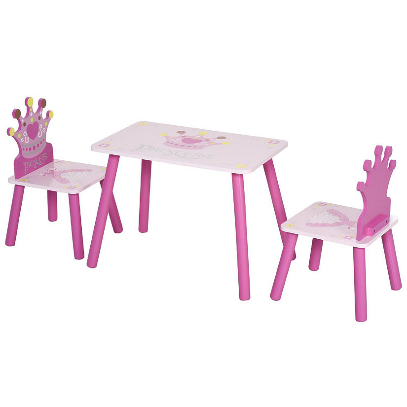 Qaba 3 Piece Kids Wooden Table and Chair Set Crown Pattern Gift for Girls Toddlers Arts Reading Writing Age 3 Years+ Pink Image