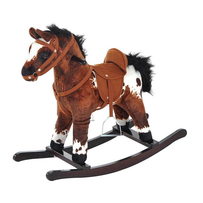 Qaba Kids Metal Plush Ride On Rocking Horse Chair Toy With Realistic Sounds   Dark Brown/White Image