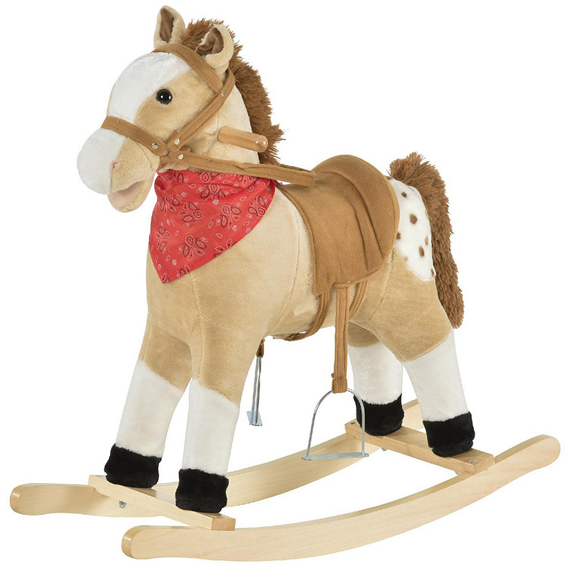 Qaba Kids Plush Ride On Rocking Horse Toy Cowboy Rocker with Fun Realistic Sounds for Child 3 6 Years Old Beige Image