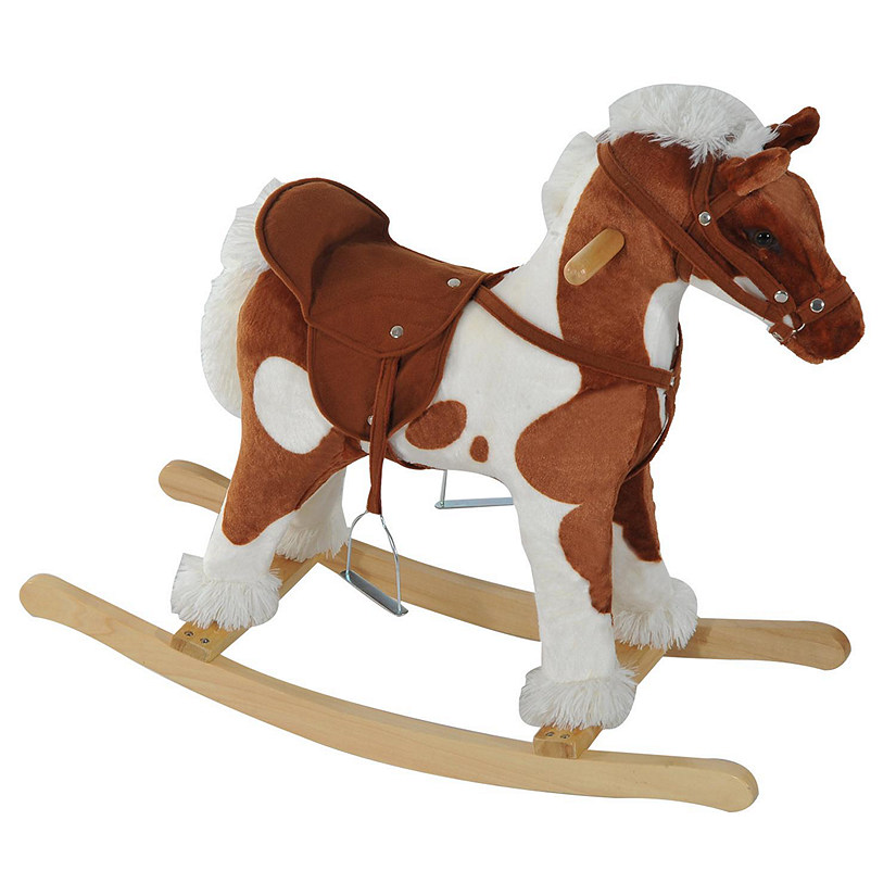 Qaba Kids Plush Ride On Toy Rocking Horse Toddler Plush Animal Rocker with Nursery Rhyme Music   Light Brown / White Image