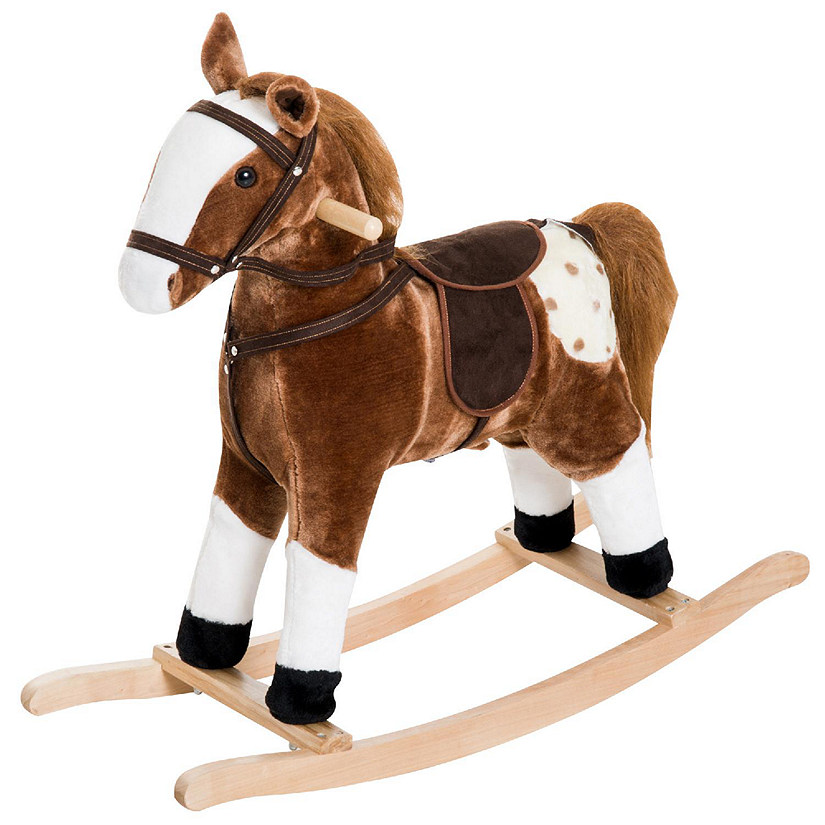 Qaba Kids Plush Toy Rocking Horse Pony Toddler Ride on Animal for Girls Pink Birthday Gifts with Realistic Sounds Brown Image