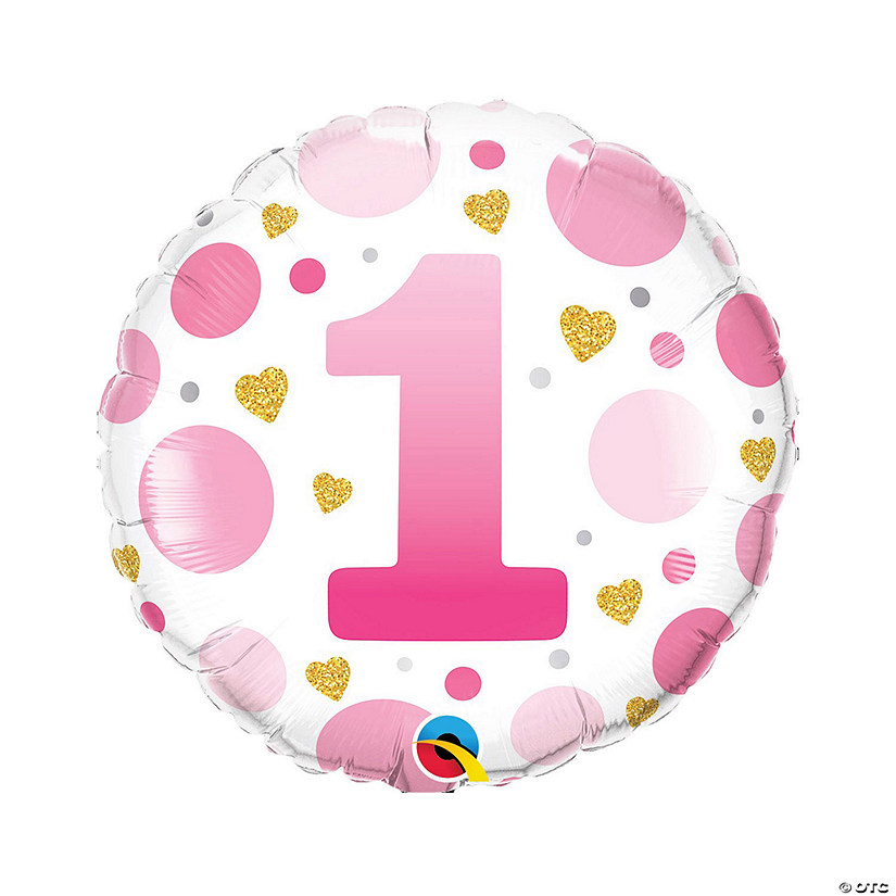 Qualatex 1st Birthday Pink Polka Dot Round 18" Mylar Balloon Image