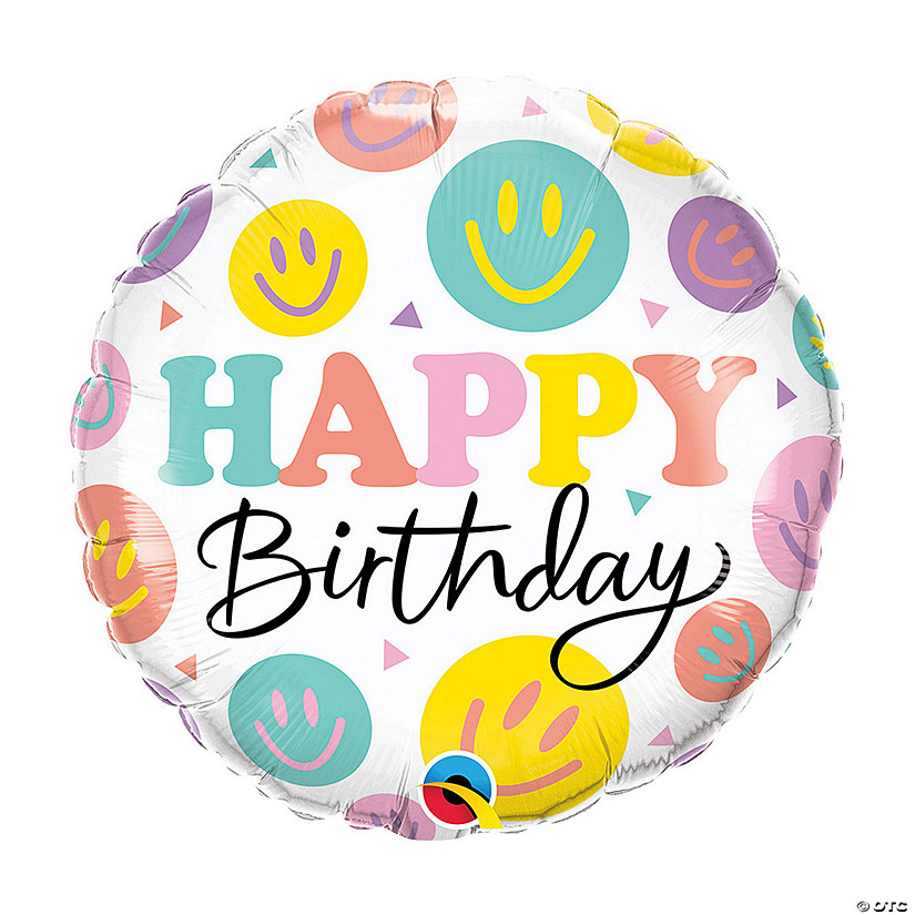 Qualatex Colorful Smile Faces Happy Birthday 18" Round Mylar Balloon Image