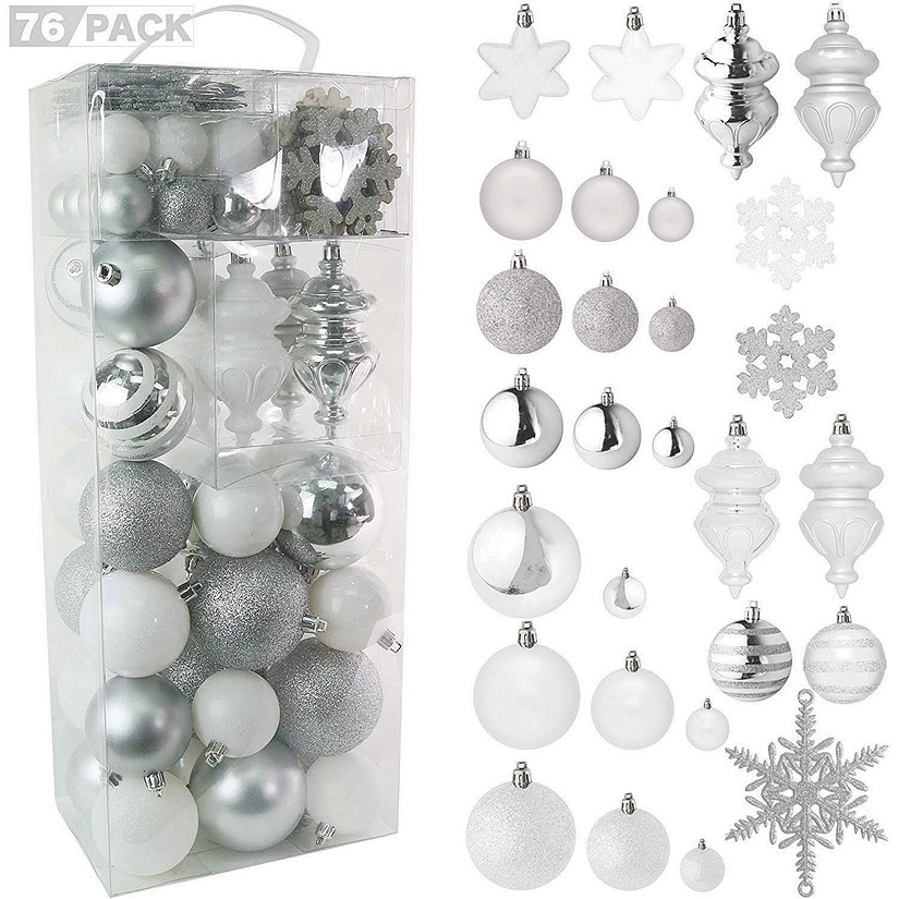 R N' D Toys Christmas Snowflake Ball Ornaments with Hooks White & Silver 76 Piece Image