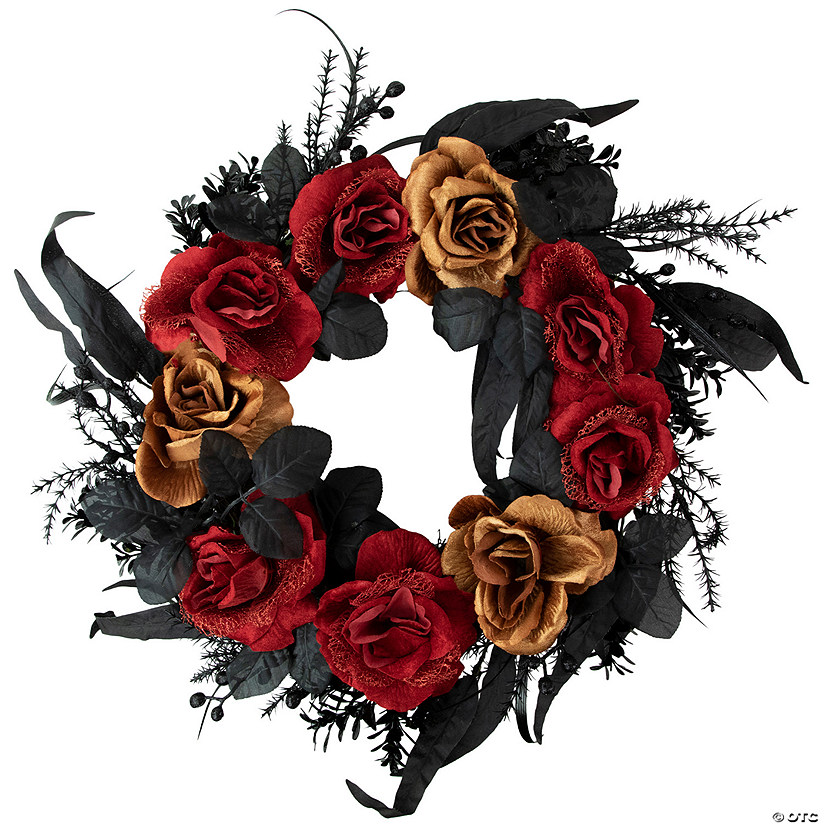 Red and Gold Roses with Black Foliage Halloween Wreath  22-Inch  Unlit Image