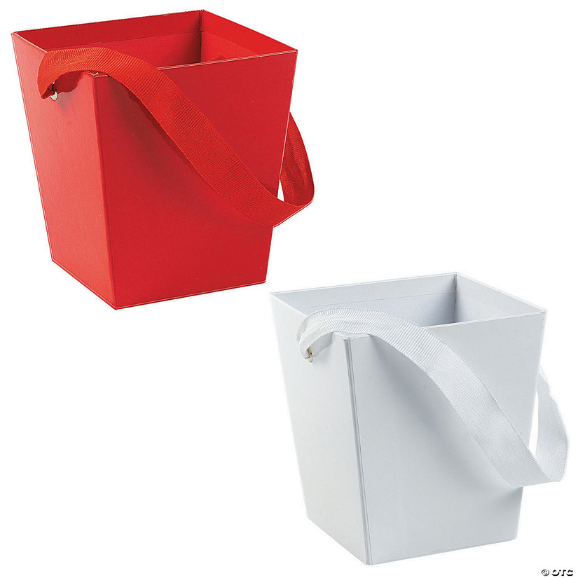 Red & White Cardboard Buckets with Ribbon Handle Kit - 12 Pc. Image