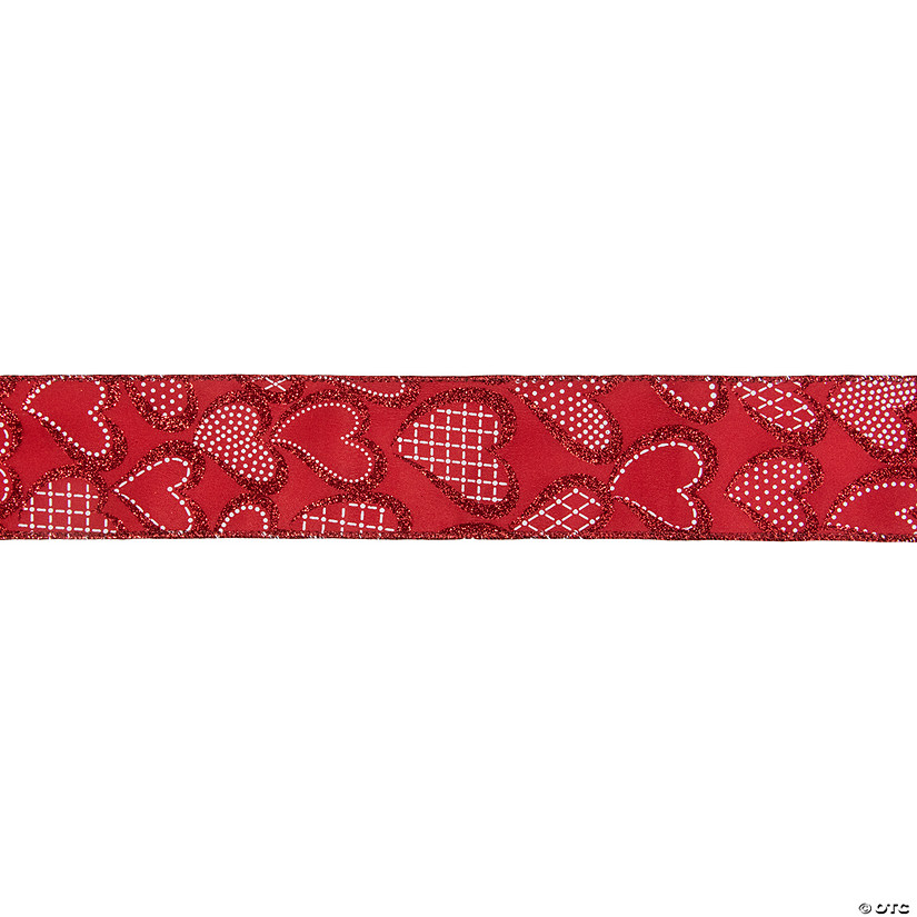 Red and White Glittered Hearts Valentine's Day Wired Craft Ribbon 2.5" x 10 Yards Image