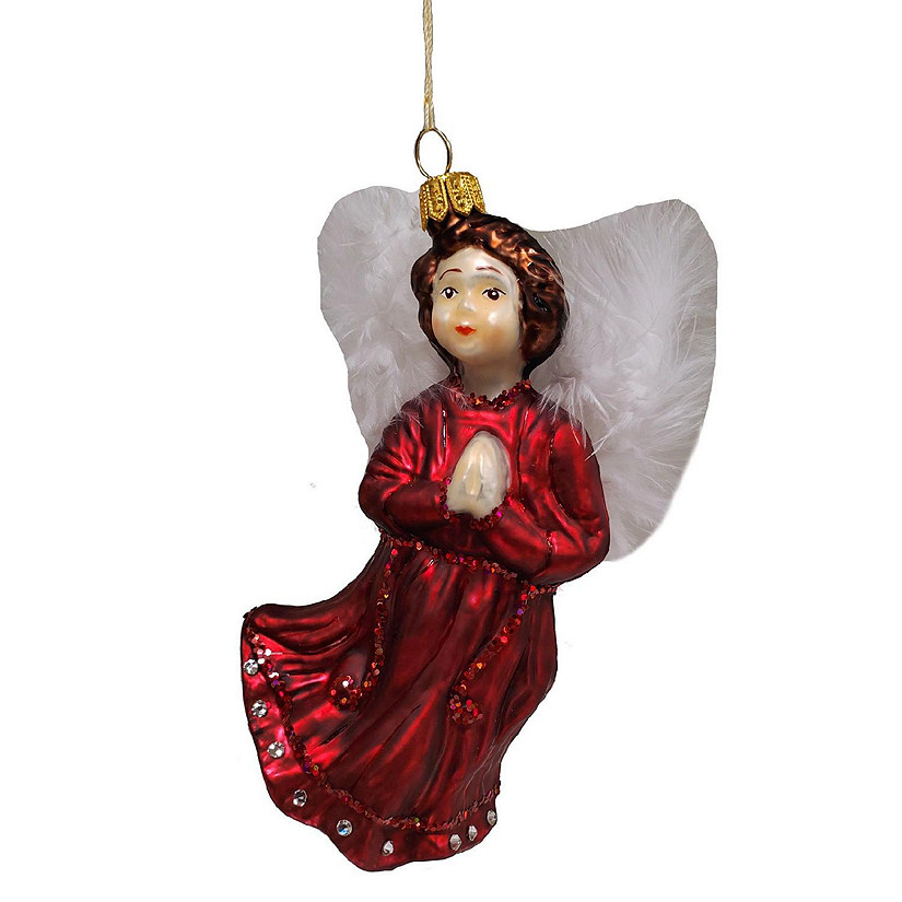 Red Praying Angel with Feather Wings Polish Glass Christmas Tree Ornament Image