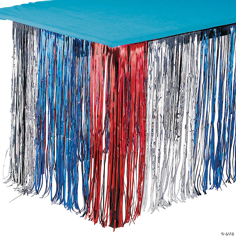Red, Silver & Blue Metallic Fringe Plastic Table Skirt Image
