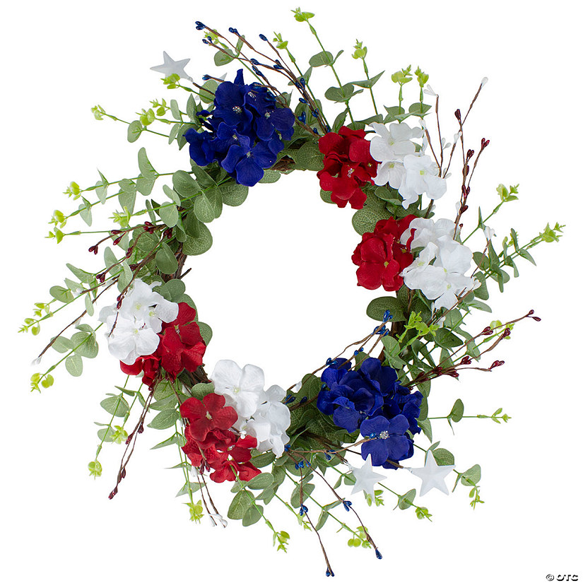 Red  white and Blue Hydrangea and Eucalyptus Patriotic Artificial Wreath Image