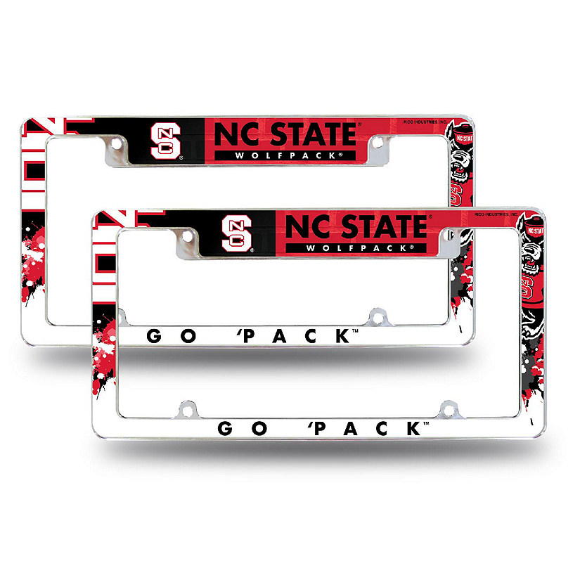 Rico Industries NCAA  North Carolina State Wolfpack Primary 12" x 6" Chrome All Over Automotive License Plate Frame for Car/Truck/SUV (2 Pack) Image