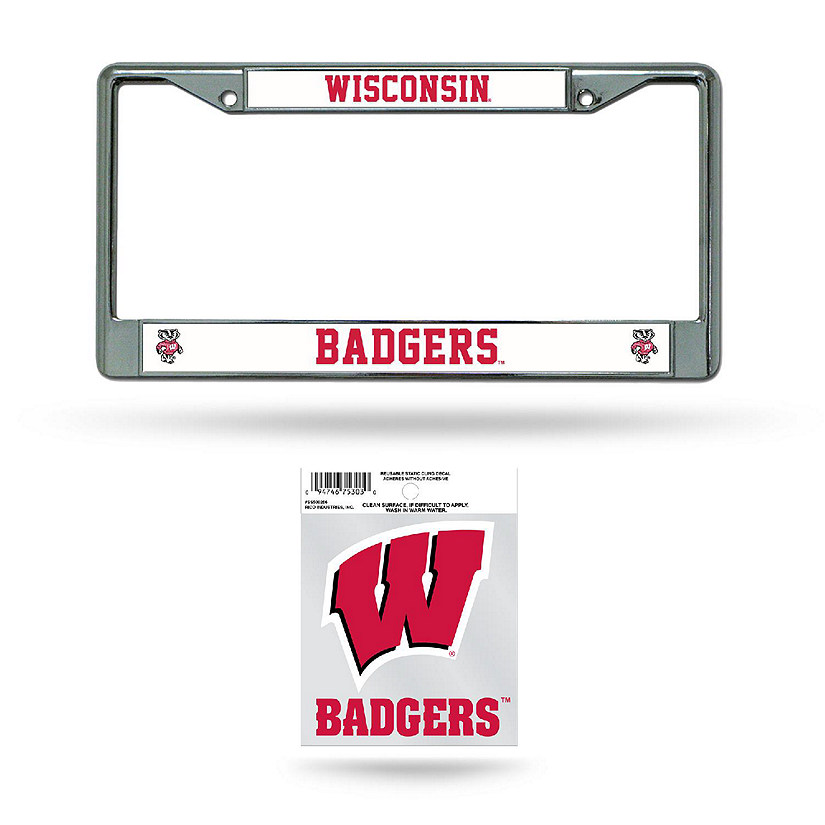 Rico Industries NCAA  Wisconsin Badgers Exclusive Set - Decal and 12" x 6" Chrome Frame With Plastic Inserts - Car/Truck/SUV Automobile Accessory Image
