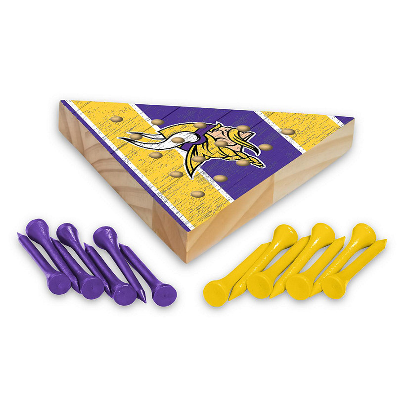 Rico Industries NFL Football Minnesota Vikings  4.5" x 4" Wooden Travel Sized Pyramid Game - Toy Peg Games - Triangle - Family Fun Image