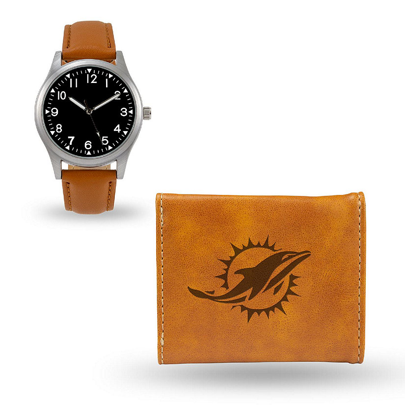 Rico Industries NFL  Miami Dolphins   Brown Generic Watch and Team Logo Tri-Fold Wallet - Great Men's Gift Item Image