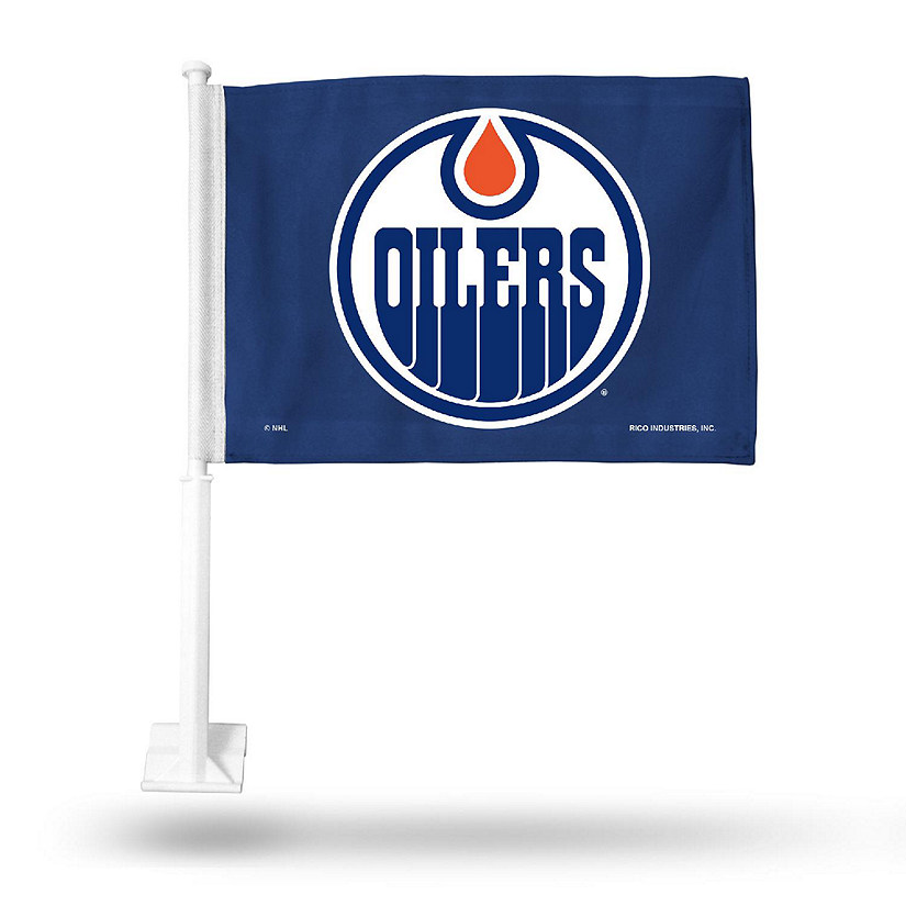 Rico Industries NHL Hockey Edmonton Oilers Standard Blue Double Sided Car Flag -  16" x 19" - Strong Pole that Hooks Onto Car/Truck/Automobile Image