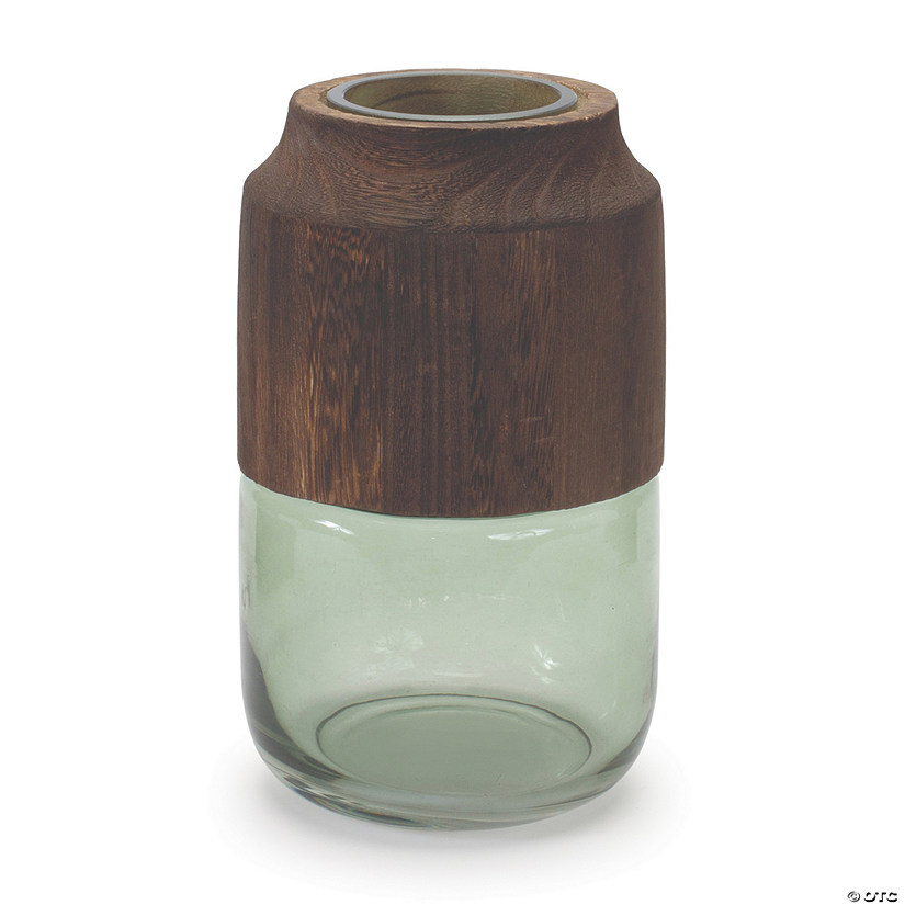 Sage Glass Vase With Wood Accent 5.5"D X 9"H Glass/Wood Image