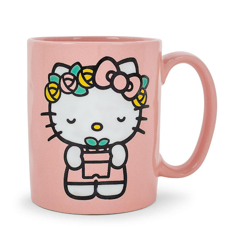 Sanrio Hello Kitty Flower Badge Wax Resist Ceramic Pottery Mug  Holds 18 Ounces Image