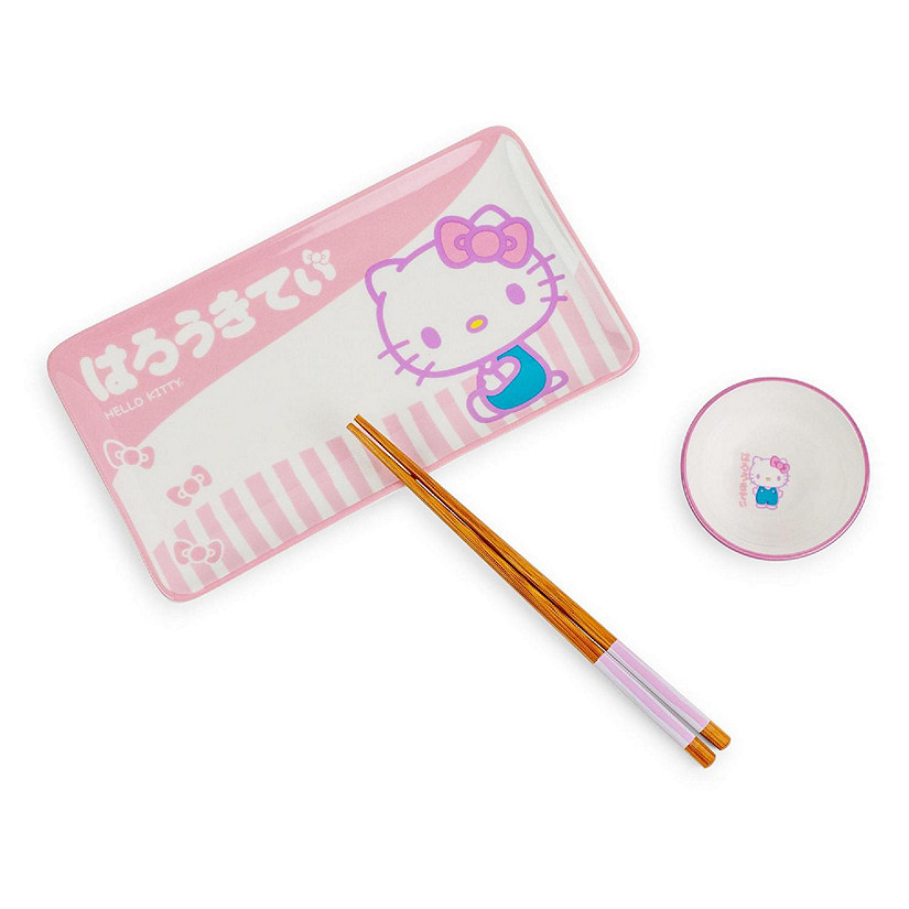 Sanrio Hello Kitty Pink 3-Piece Ceramic Sushi Set With Sauce Bowl and Chopsticks Image