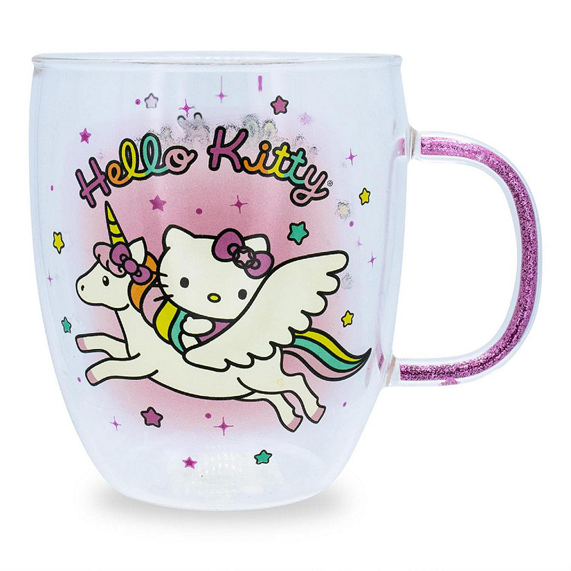 Sanrio Hello Kitty Unicorn Glass Mug With Glitter Handle  Holds 14 Ounces Image