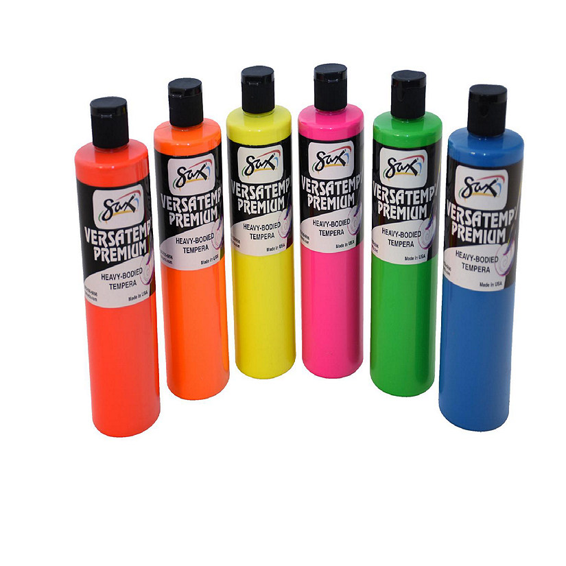Sax Versatemp Premium Deluxe Tempera Paint, 1 Pint Bottles, Assorted Fluorescent Colors, Set of 6 Image