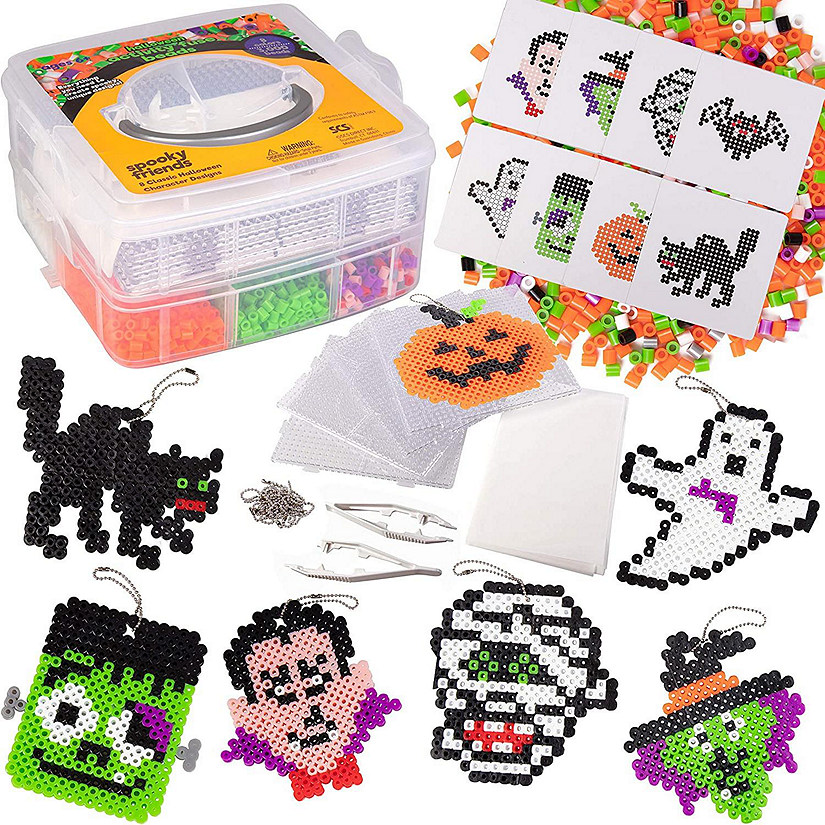 SCS Direct 3000 Pc Monster Fuse Bead Kit with 8 Keychains - Ghost, Witch, Vampire & More - Spooky Halloween Ornaments & Decorations - Great Kids DIY Craft Toy Gift - Indoor Halloween Party Ideas! Image