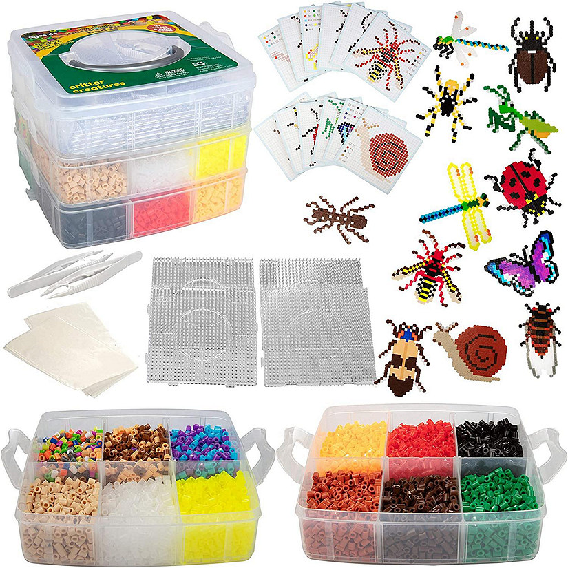 SCS Direct 8,000pc DIY Fuse Bead Kit w Carrying Case - Bugs and Insects - 21 Colors, 12 Unique Templates, 4 Peg Boards, Tweezers, Ironing Paper - Works w Perler Beads Kits, Pixel Art Color by Numbers Craft Gift Image